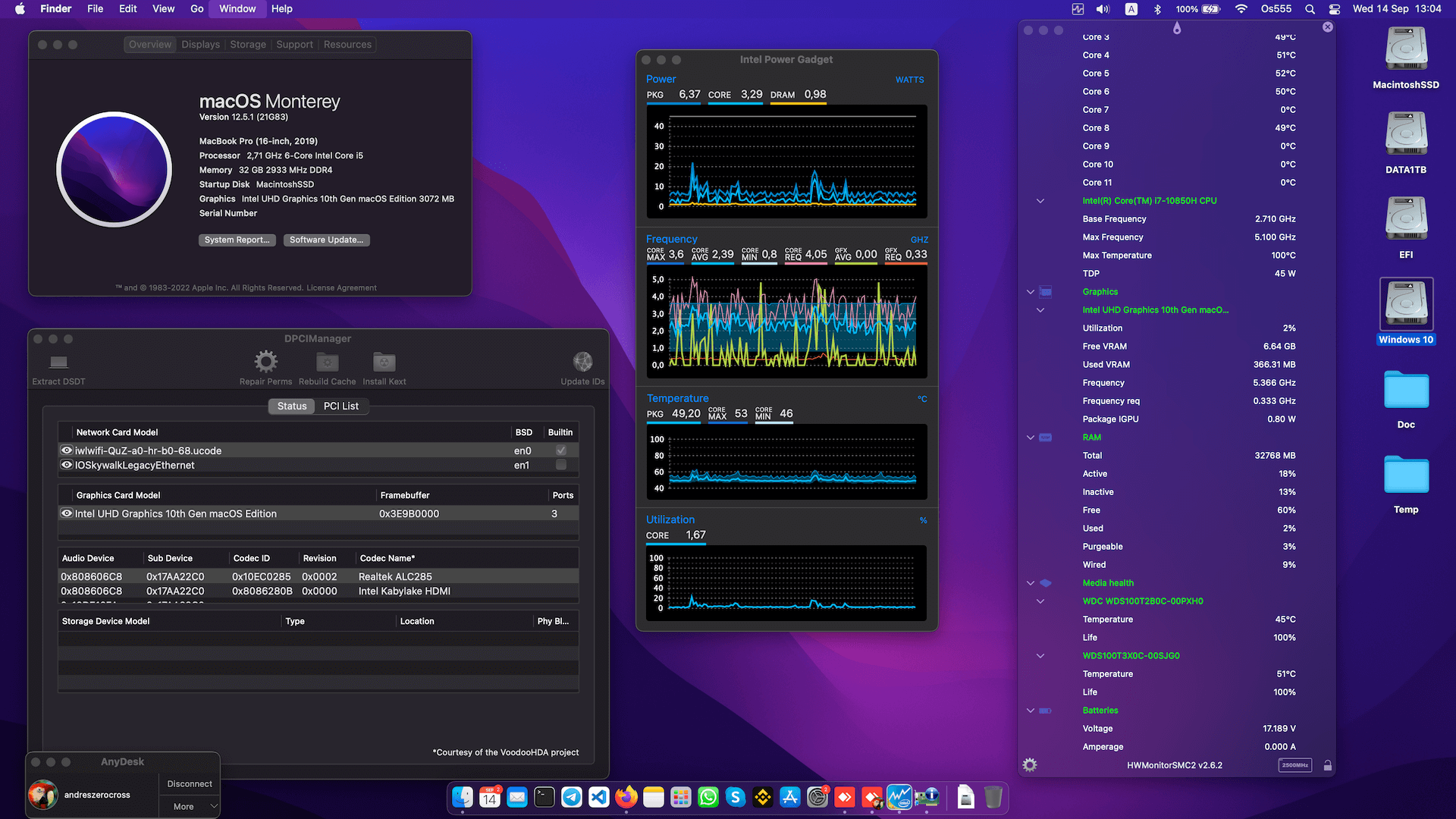 Success Hackintosh macOS Monterey 12.5.1 Build 21G83 in Lenovo Thinkpad X1 Extreme Gen 3